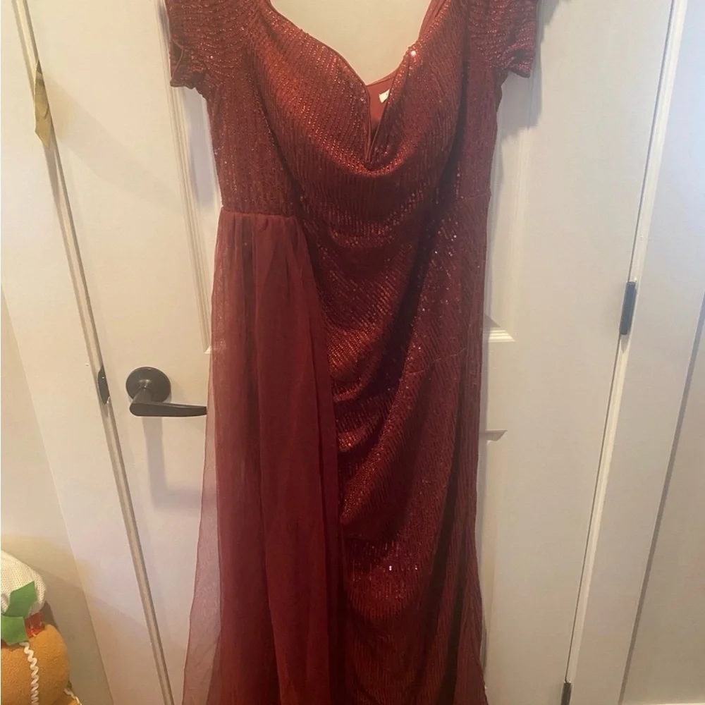 Glamorous Off-Shoulder Burgundy Sequin Gown - Picture 2 of 3